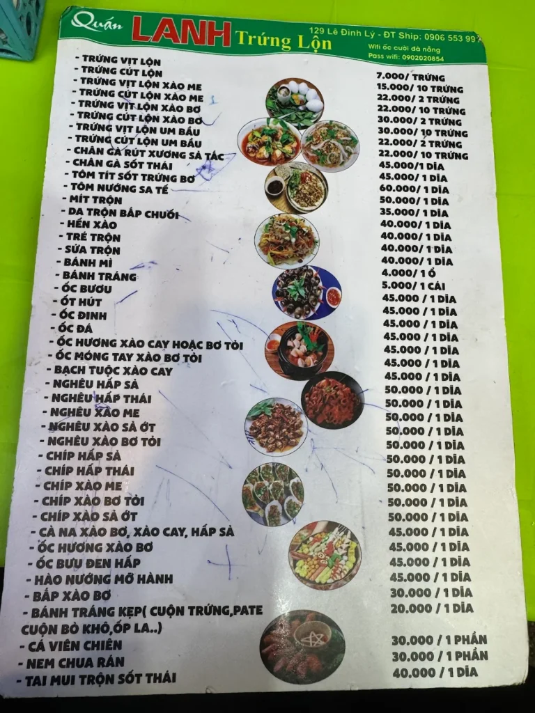 Lanh eatery's menu