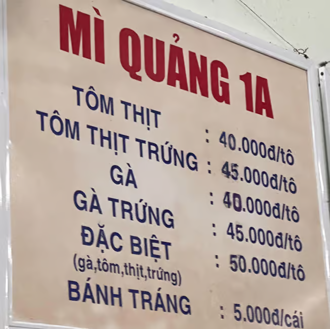 Menu for Mi Quang restaurant offerings