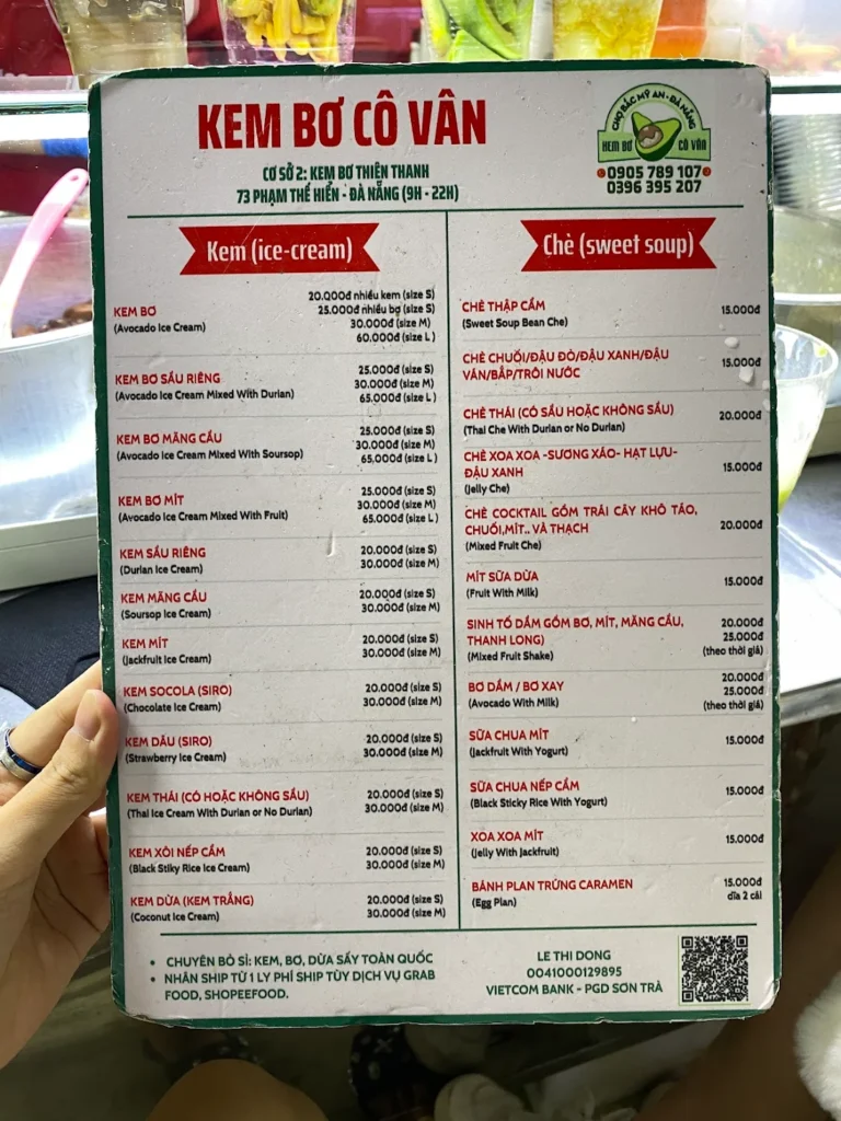 Menu of Kem Bo Co Van (avocado ice cream menu)